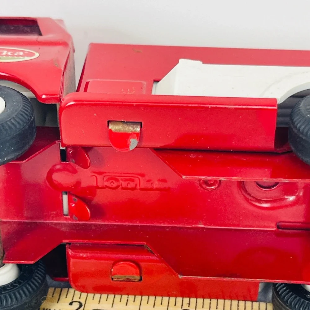 Vintage Tonka USA Pressed Steel Fire Truck Pumper Red White Toy Cabover 5 Inch